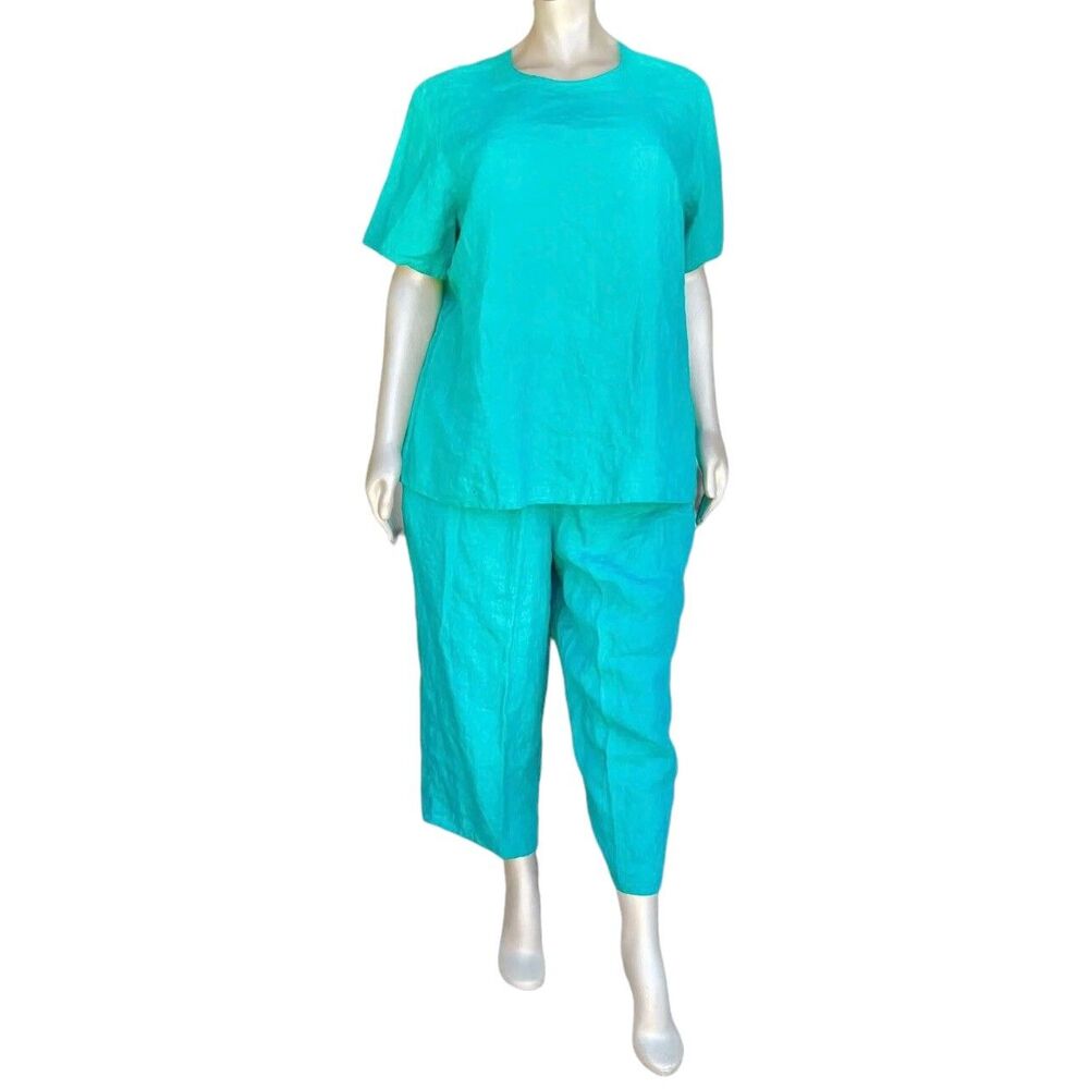FLAX Sets Women’s Plus Size 1X Turquoise Linen Blouse & Crop Pants